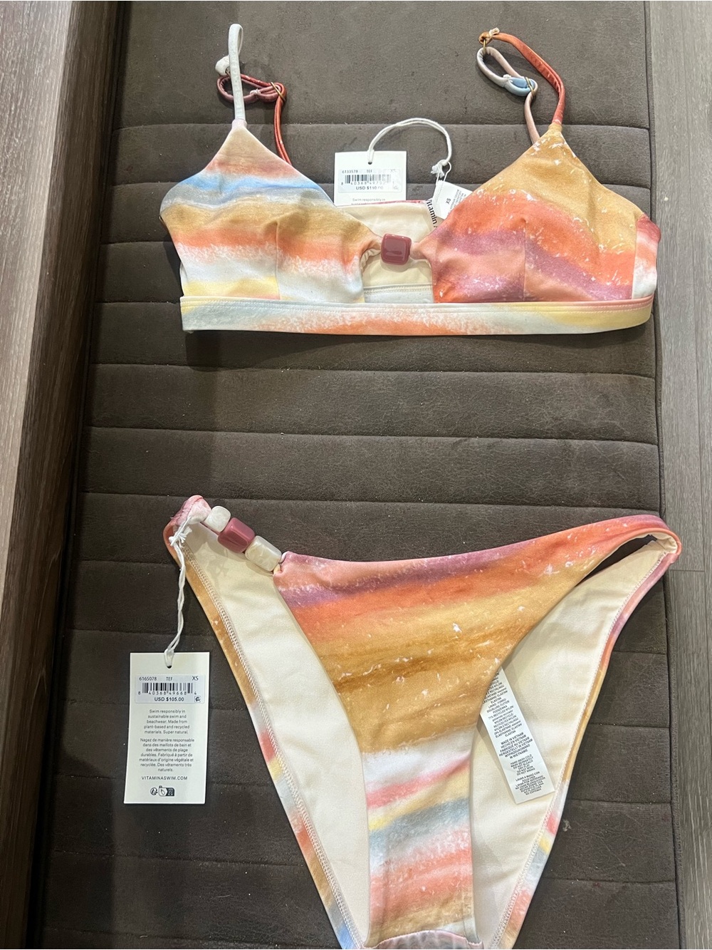 Vitamin A Sunset Stripe Bikini in Orange, Pink, Blue, Cream